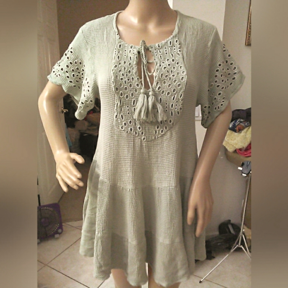 BNWOT Rip Curl Green Embellished Tie Front DRESS SZ.SM W/ TASSELS WAFFLE MATERIA
